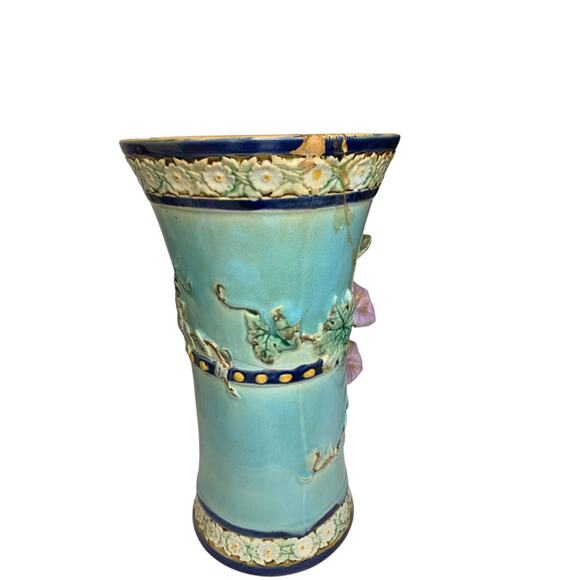 Antique Majolica Holdcroft Vase Wren Calla Lilies Cracks Chips 10.5" - Picture 6 of 8